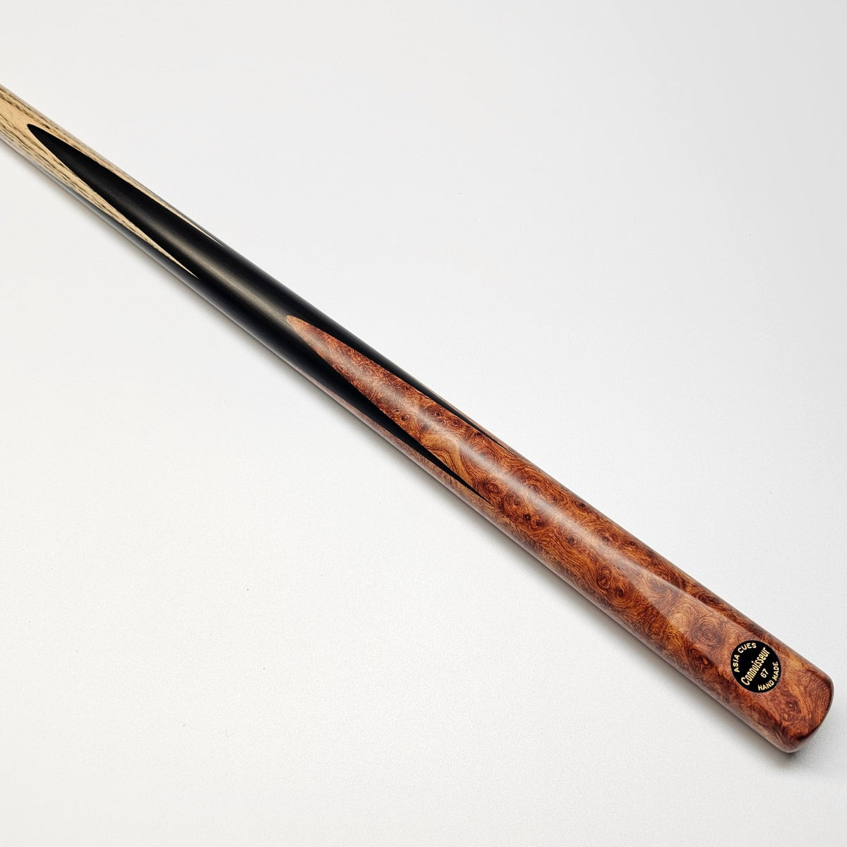 Asia Cues Connoisseurr 1 Piece Snooker Cue  Handmade Ebony Butt with 4 splices of Amboyna Burl. Butt View