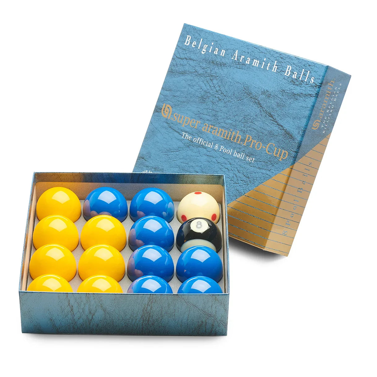 Pro Cup Pool Balls by Aramith the worlds best cue sports ball maker. This is the Yellow and Blue  collection.