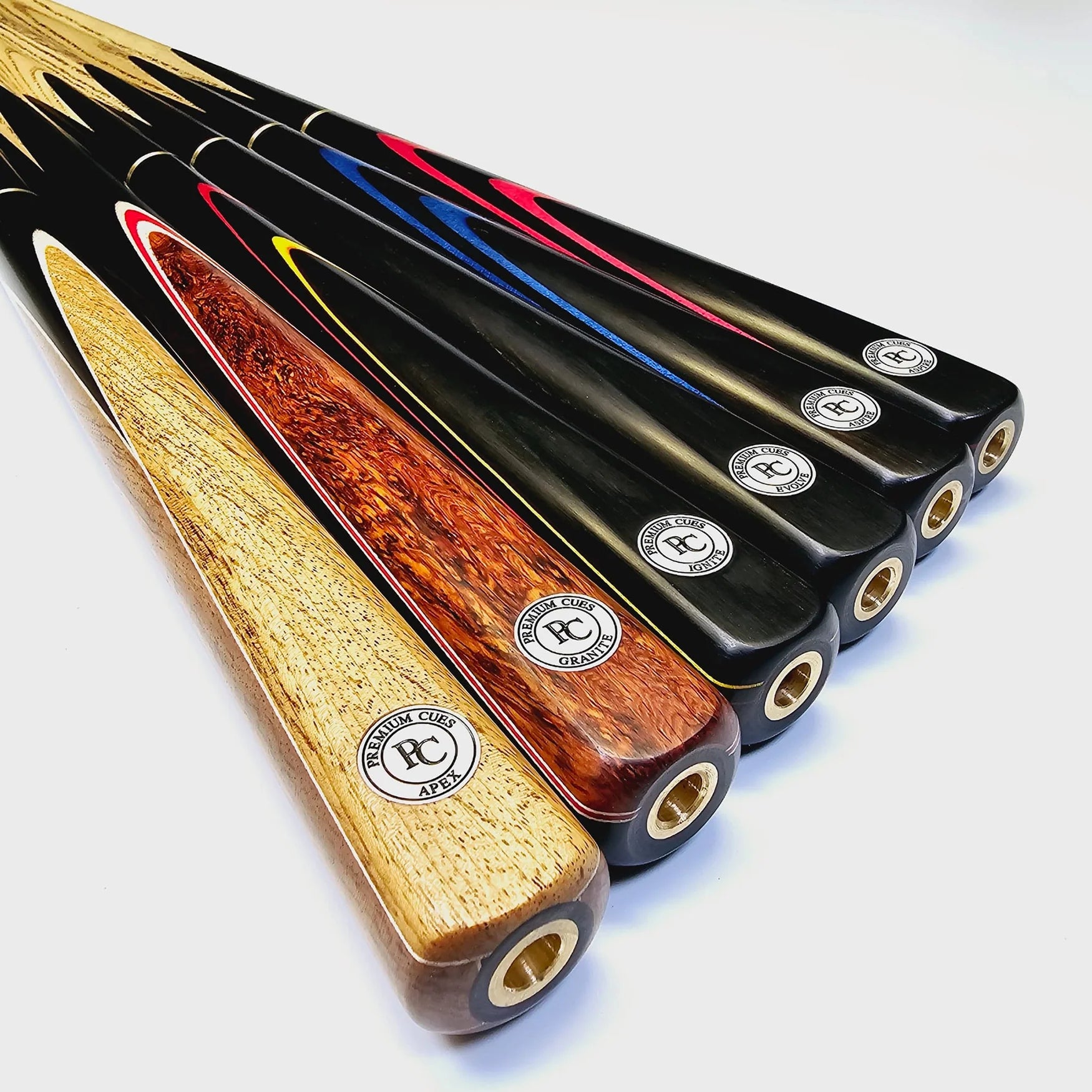 Premium Cues 8 Ball Pool Cue Collection. The Apex, The Granite,  The Ignite, The Evolve and the Aspire.