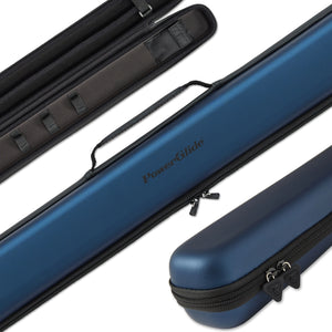 PowerGlide Svartur Metalic Blue Two Piece Cue Case with sleek metallic blue finish, durable zippers, and padded interior for cue protection.