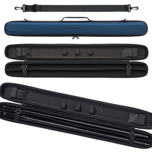 PowerGlide Svartur Metalic Blue Two Piece Cue Case with sleek metallic blue exterior, black interior padding, and secure straps for cue protection.