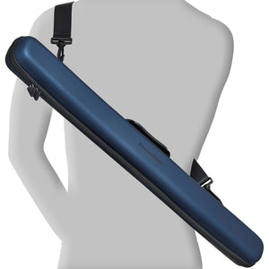 PowerGlide Svartur Metalic Blue Two Piece Cue Case with sleek design, adjustable shoulder strap, and durable construction for cue protection.