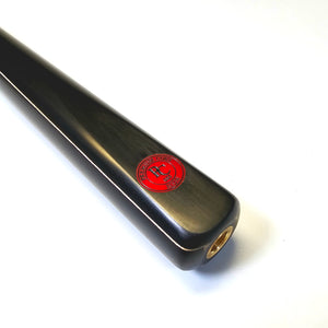 Close-up of Premium Cues ICON No.005 - One Piece Snooker Cue butt with red Icon Authenticator badge, showcasing premium craftsmanship.