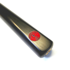 Close-up of Premium Cues ICON No.008 butt featuring red PC logo, showcasing craftsmanship in one piece snooker cue design.