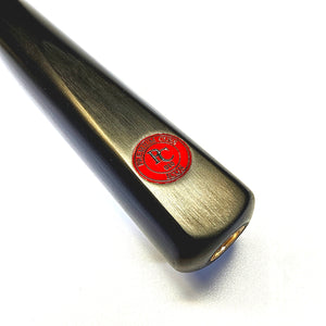 Close-up of Premium Cues ICON No.010 butt featuring red PC logo, showcasing craftsmanship and authenticity for serious snooker players.