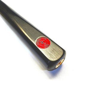 Close-up of Premium Cues ICON No.011 butt with red logo and threaded extension fitting, crafted for compatibility with Premium Cues extensions.