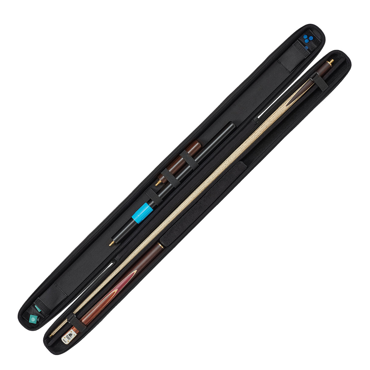 PowerGlide 3/4 cue case in black,open view with lots of room for cue and accesories. Also comes with  hands free strap