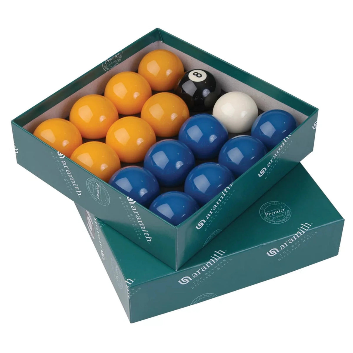 Aramith Premier Blue Yellow English Pool Balls - Open view