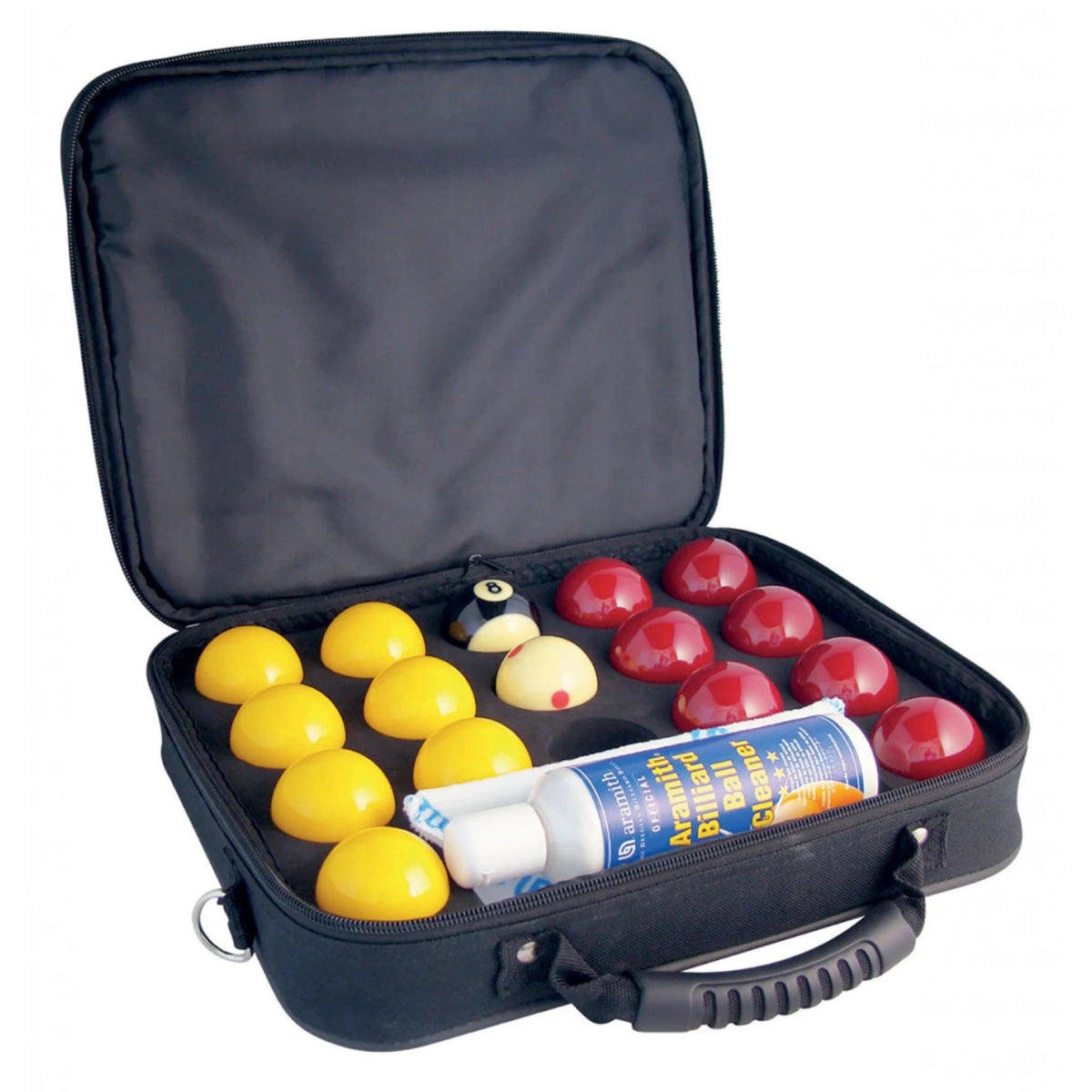 Aramith Super Pro Cup Pool Balls & Case - Open view