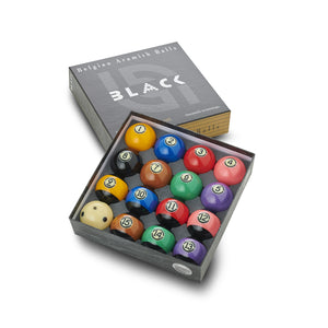 Aramith 2 ¼ inch Tournament ‘Black’ TV Edition American Pool Ball Set in open box showing full set of glossy, color-coded billiard balls.