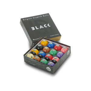 Full Aramith 2 ¼ inch Tournament ‘Black’ TV Edition American Pool Ball Set displayed in box with premium packaging and modern styling.