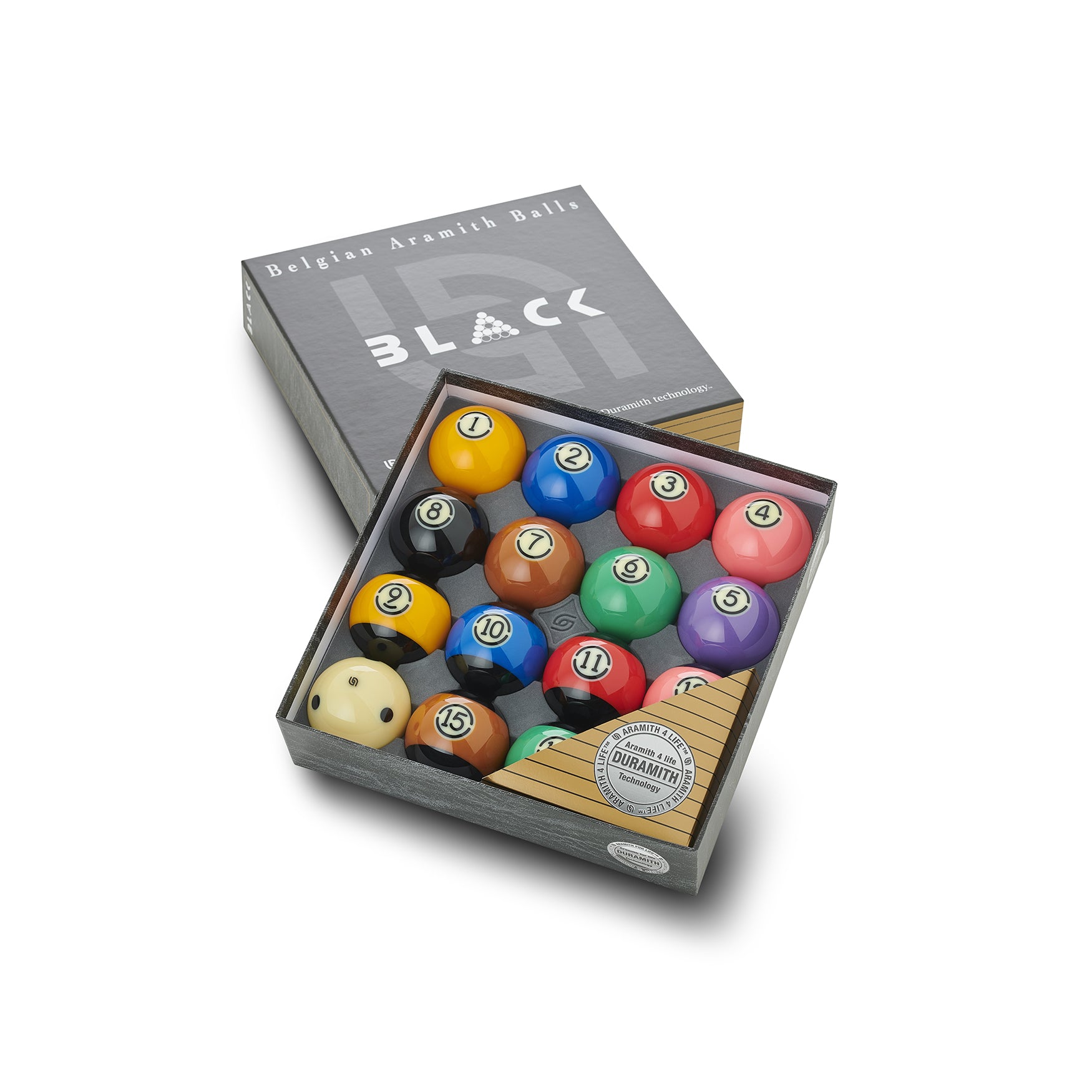 Aramith Tournament Black Edition American Pool Balls in open box view 2