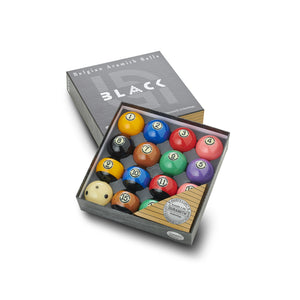 Aramith 2 ¼ inch Tournament ‘Black’ TV Edition American Pool Ball Set with official durability seal, featuring modern black design and vibrant colors.