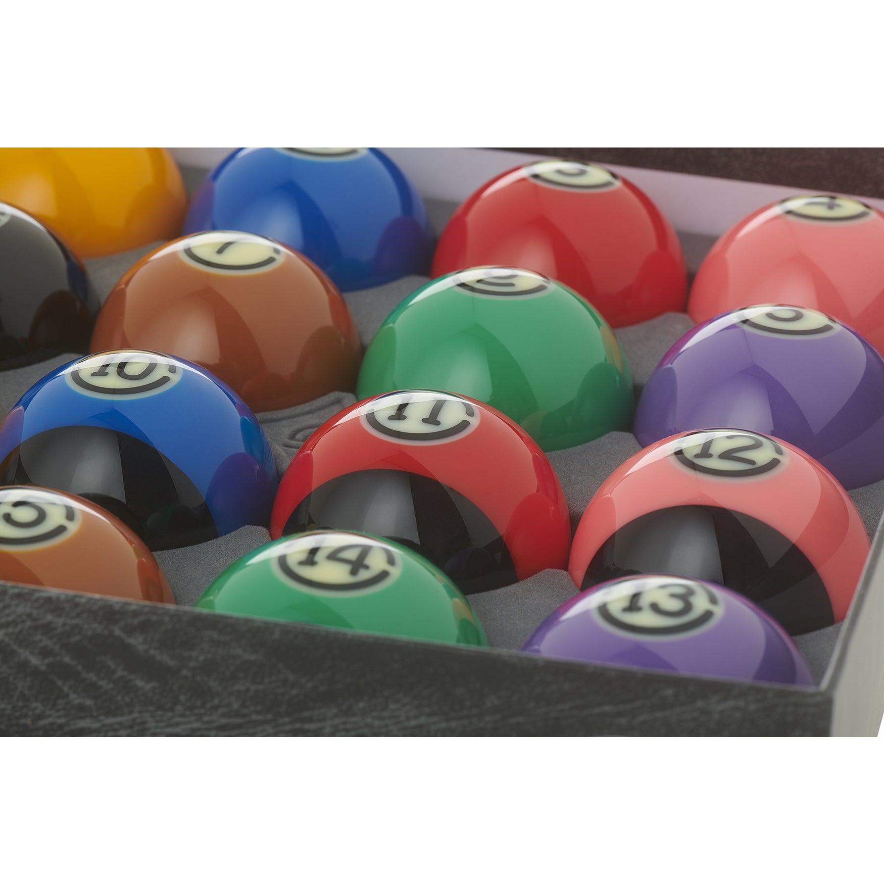 Aramith Tournament Black Edition American Pool Balls in open box view close up