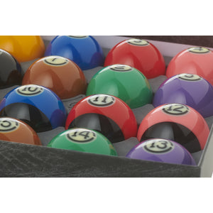 Close-up of Aramith 2 ¼ inch Tournament ‘Black’ TV Edition American Pool Balls highlighting glossy finish and unique black stripe design.