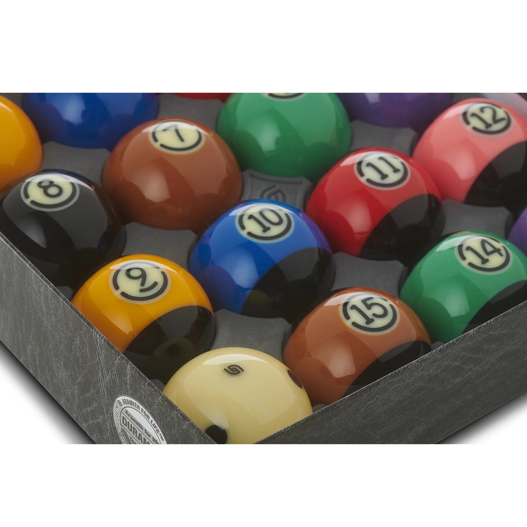 Aramith Tournament Black Edition American Pool Balls in open box view close up 3