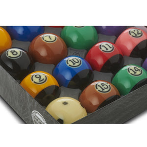 Zoomed-in image of Aramith 2 ¼ inch Tournament ‘Black’ TV Edition American Pool Balls emphasizing craftsmanship and innovative black design.