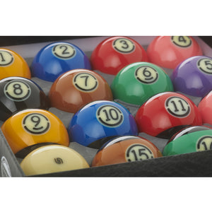 Detailed view of Aramith 2 ¼ inch Tournament ‘Black’ TV Edition American Pool Balls showcasing high-quality resin and bold numbering.