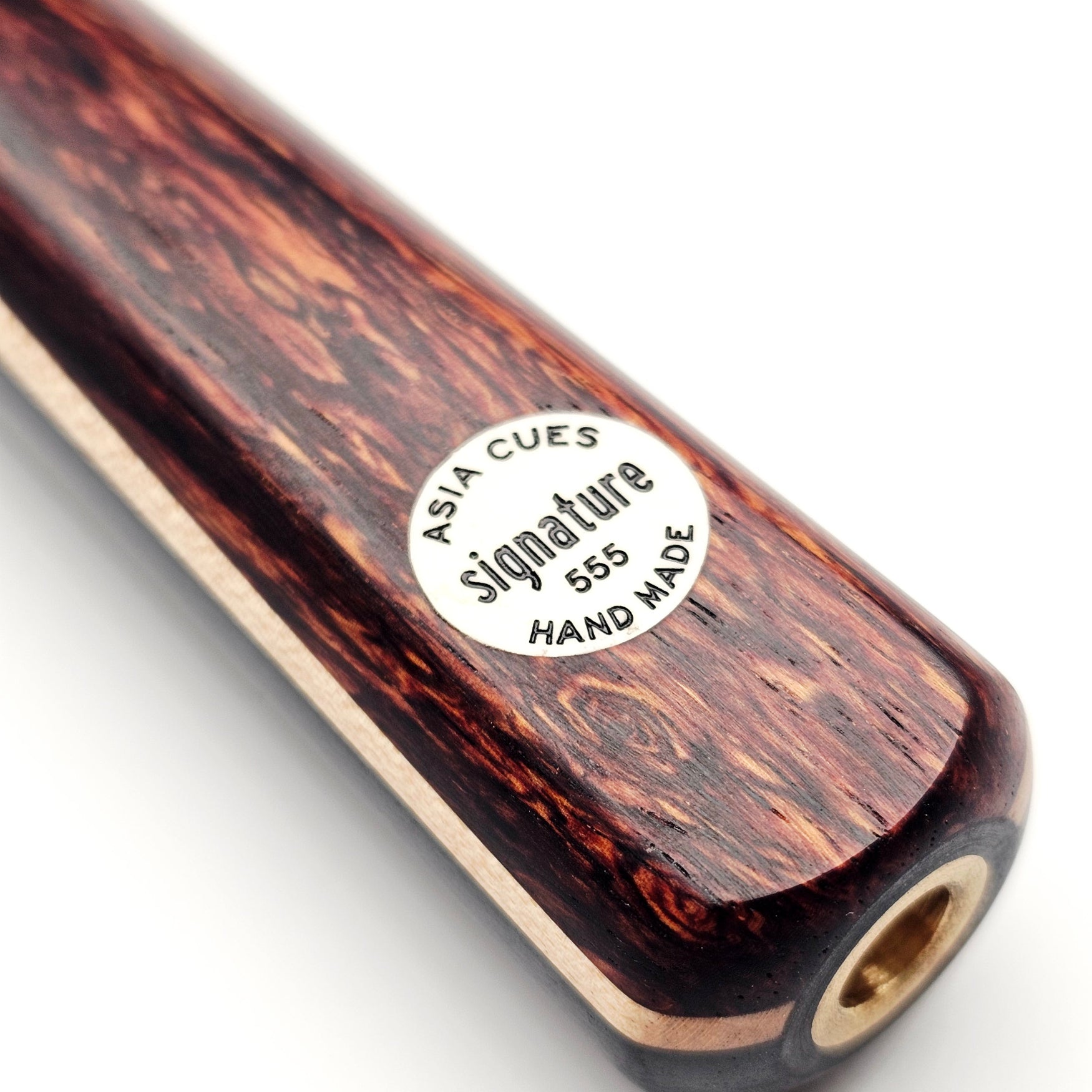 Asia Cues Signature handmade one piece cue 555 badge view
