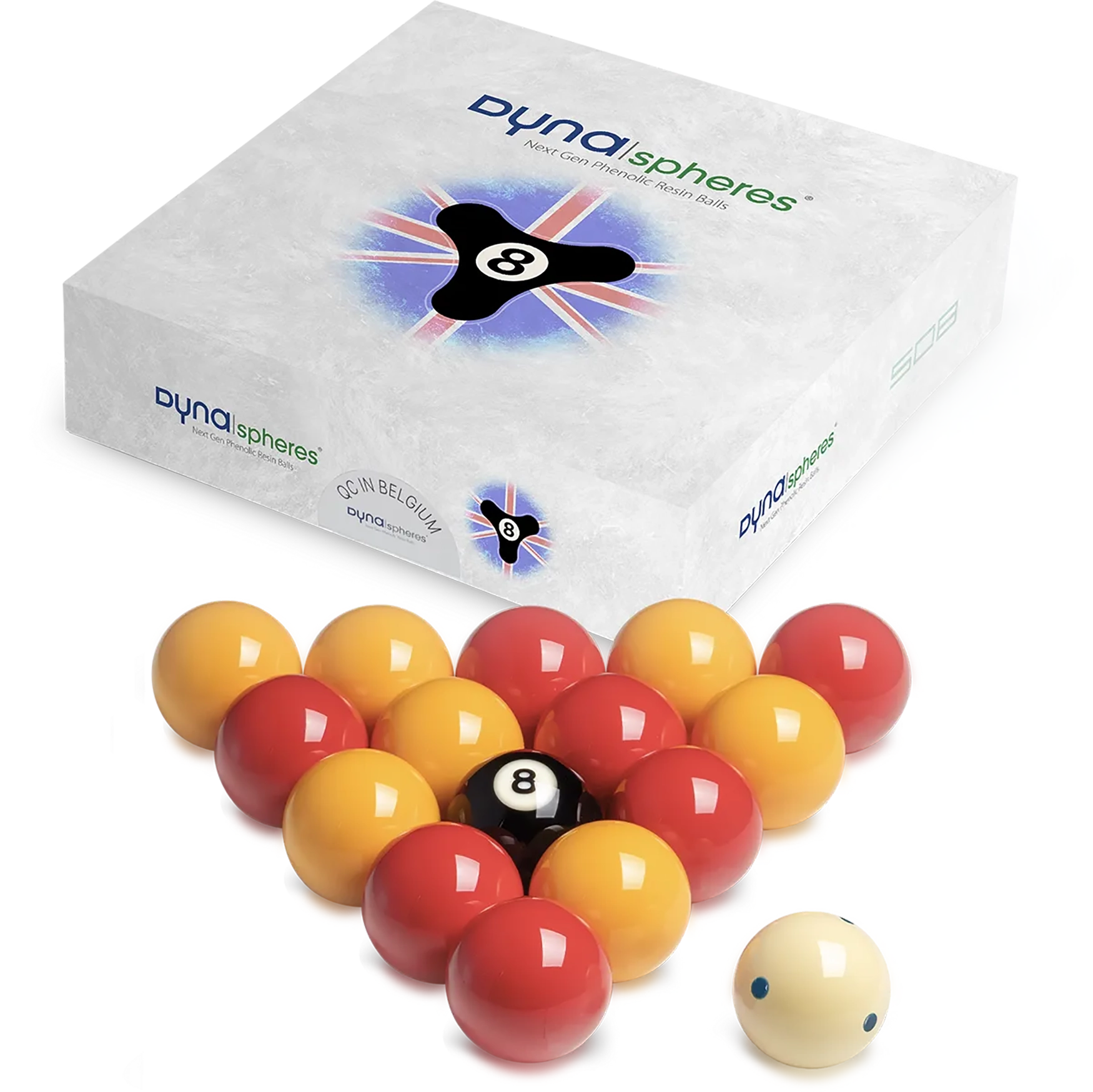 Dynaspheres Gold 508 English Pool Ball Set and box
