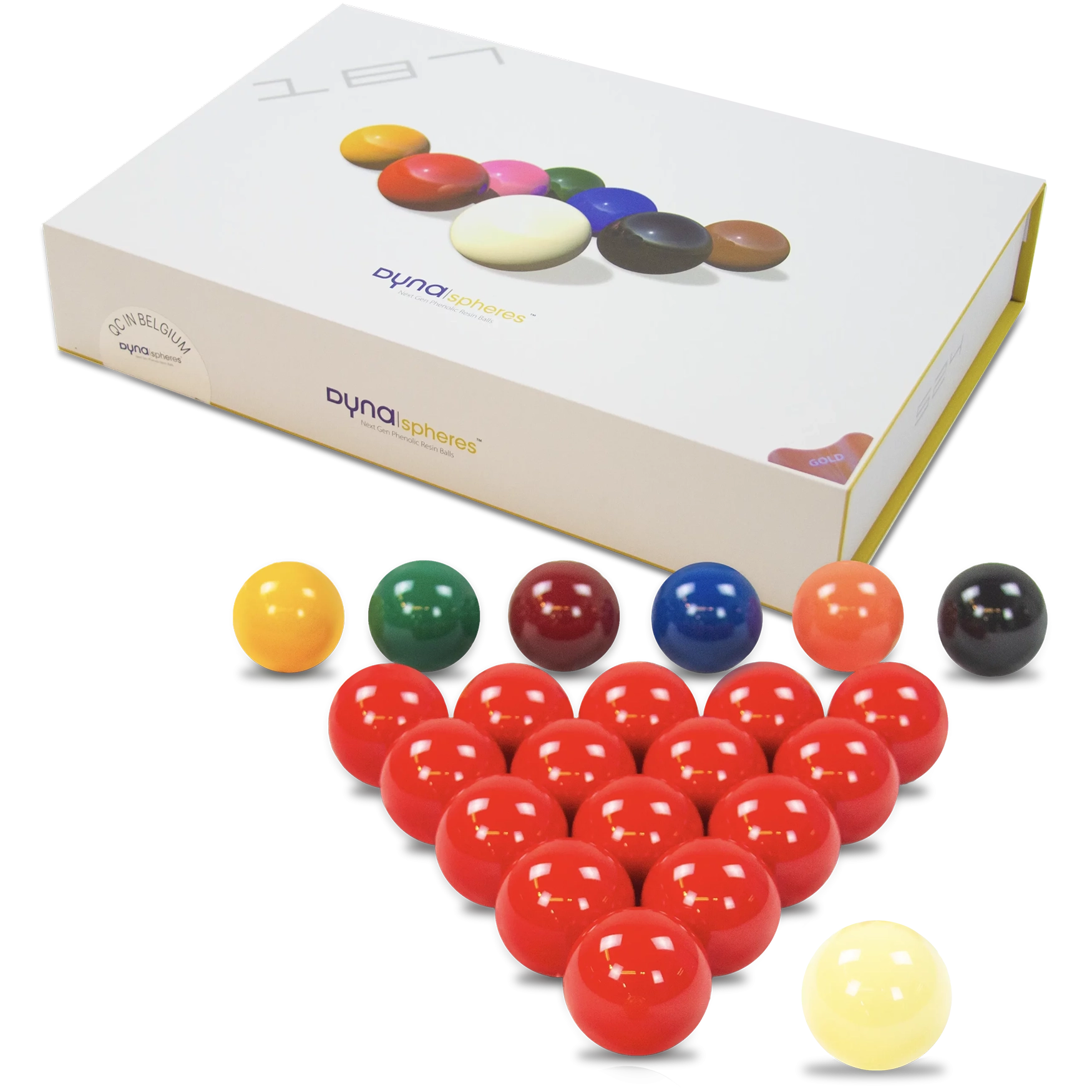 Dynaspheres Gold Snooker Ball Set_525  box and balls view