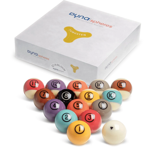 Dynaspheres Tungsten 572 Pool Balls set, box and balls view on a white background