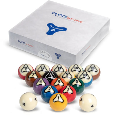Dynaspheres Palladium 572 TV Pool Ball Set box and balls view