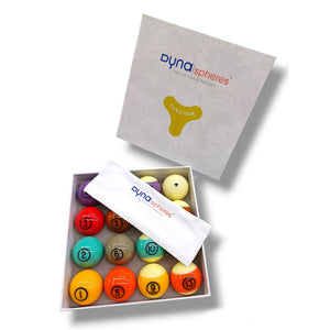 Dynaspheres Tungsten 57.2mm Pool Balls open box view