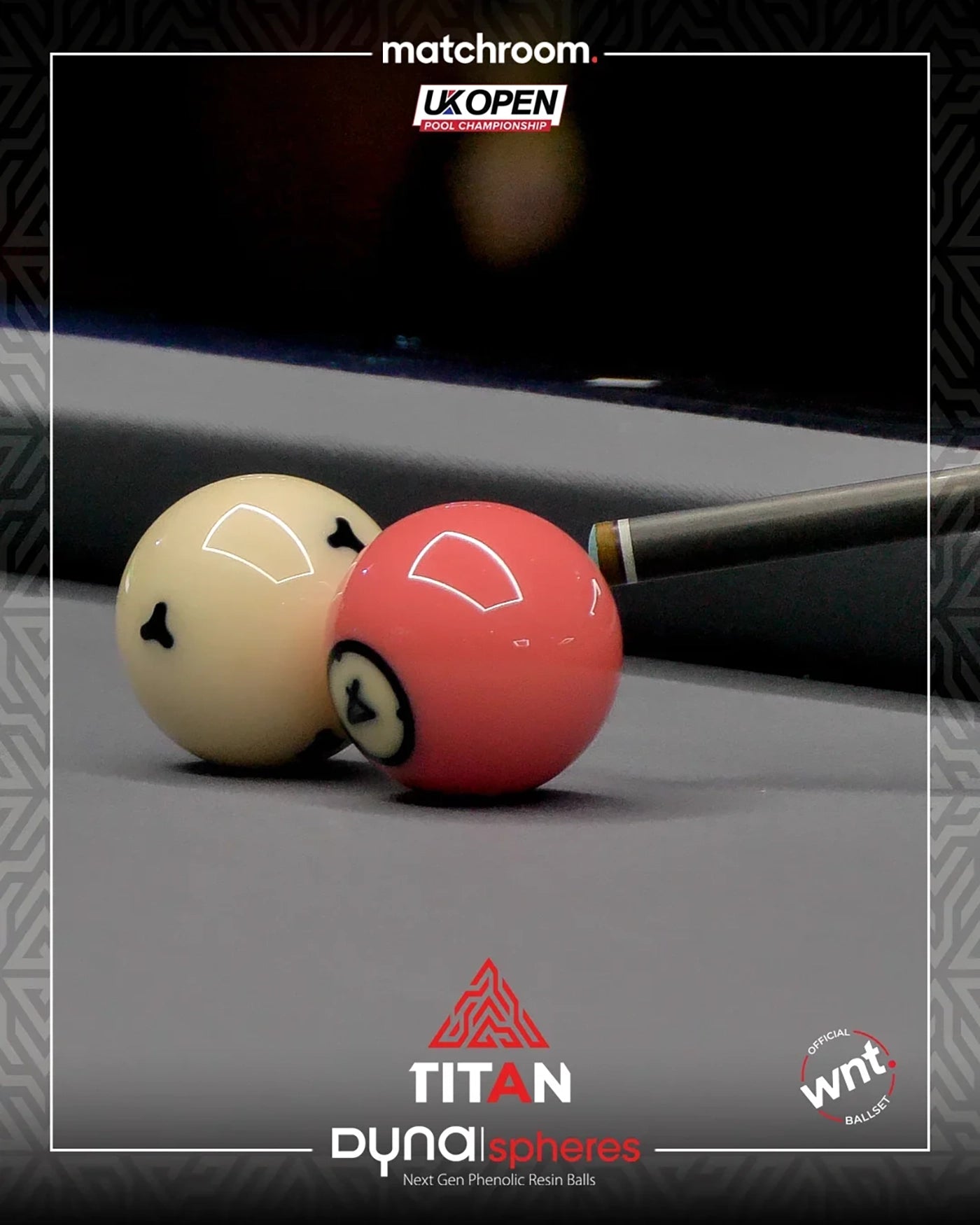 Two pool balls on a pool table with 'Matchroom UK Open' and 'Titan Dynalspheres' branding.