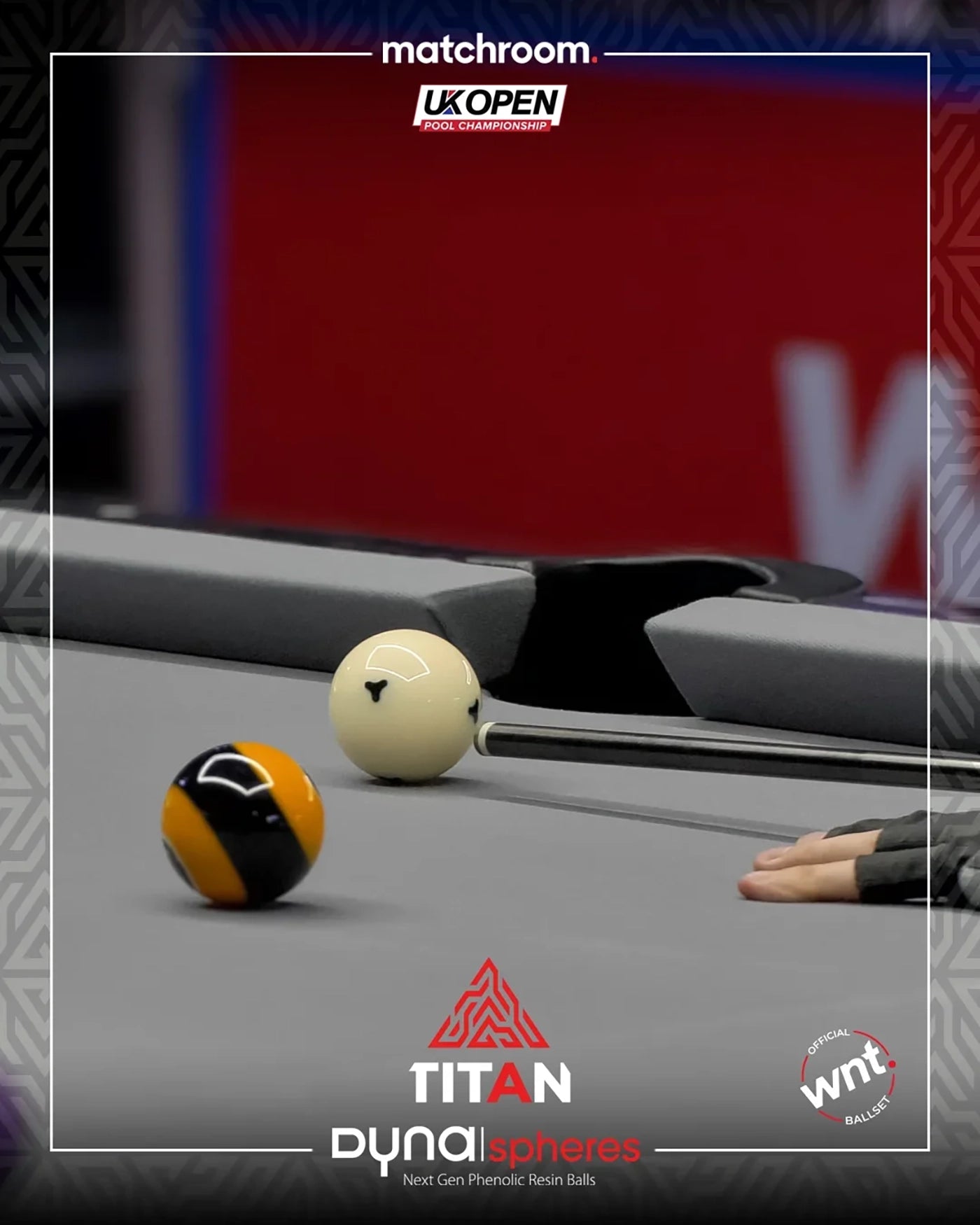 Pool table with balls and cues, featuring Titan and Dynalyspheres logos.