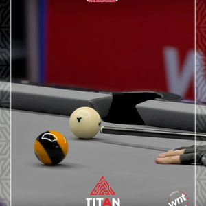Pool table with balls and cues, featuring Titan and Dynalyspheres logos.