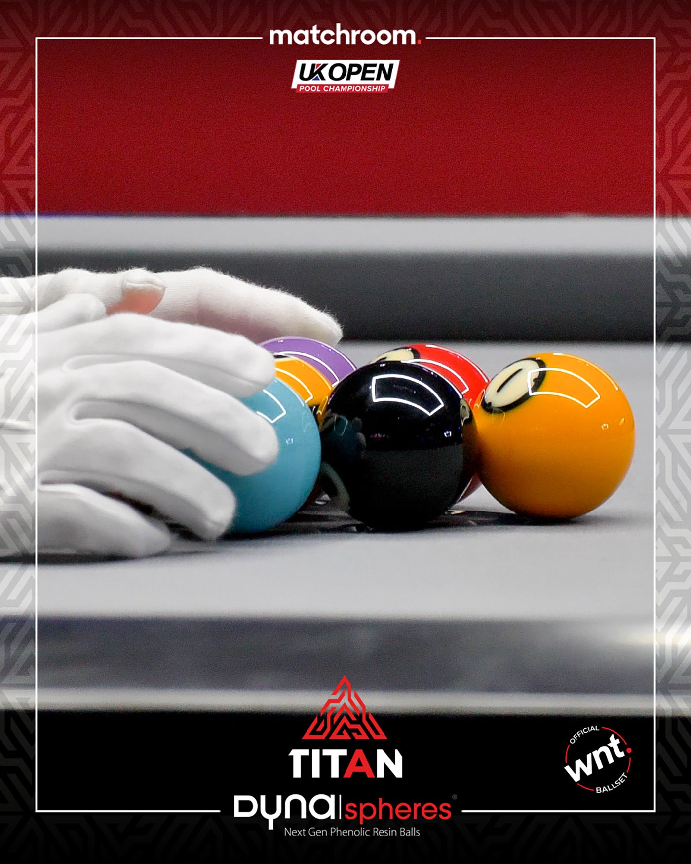Close-up of billiard balls with a hand in a white glove on a pool table, featuring Matchroom UK Open branding.