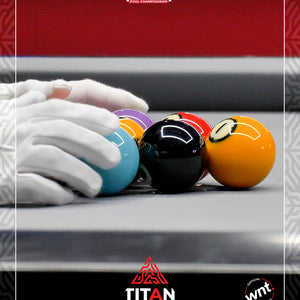 Close-up of billiard balls with a hand in a white glove on a pool table, featuring Matchroom UK Open branding.