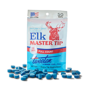 Elkmaster Cue Tips 10mm pack of 50 by Tweeten Fibre Co., premium blue leather tips for snooker and pool cues, preferred by professionals.
