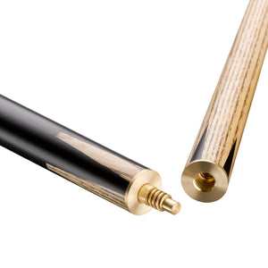 Detailed view of Peradon Century 3/4 Jointed Snooker Cue brass joint system connecting ash shaft and ebony butt.