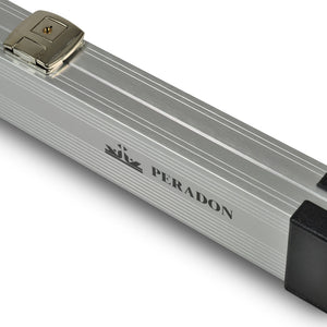 Peradon Silver Aluminium One Piece Cue Case. Full lengh view. End view