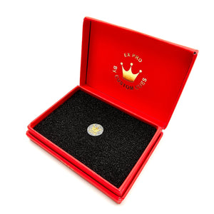 Open box of Triple Crown EXCEED-PRO Red Pressed Tip by Custom Cues, showcasing a single cue tip nestled in protective foam for premium cue control.