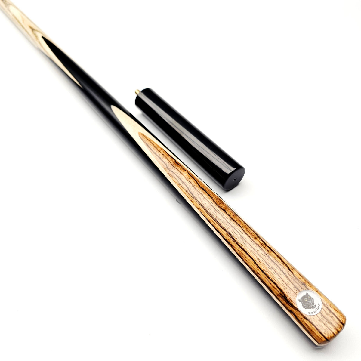 Panther Gold One Piece Snooker & Pool Cue + Mini Butt - On angle view.