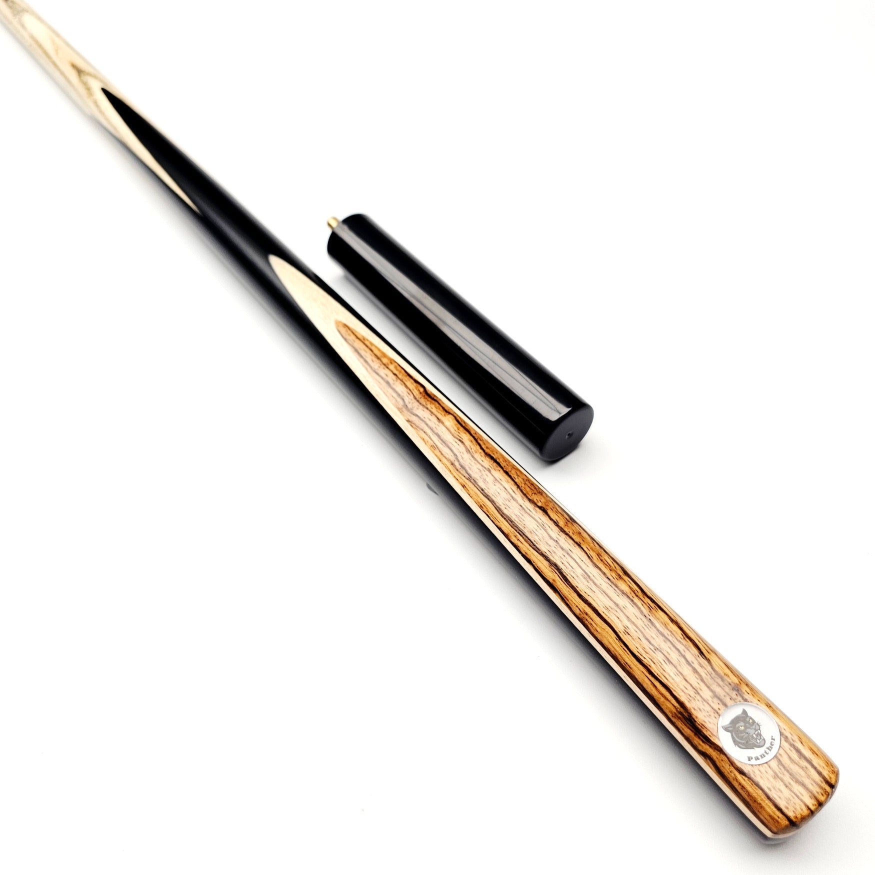 Panther Gold One Piece Snooker & Pool Cue + Mini Butt - On angle view.