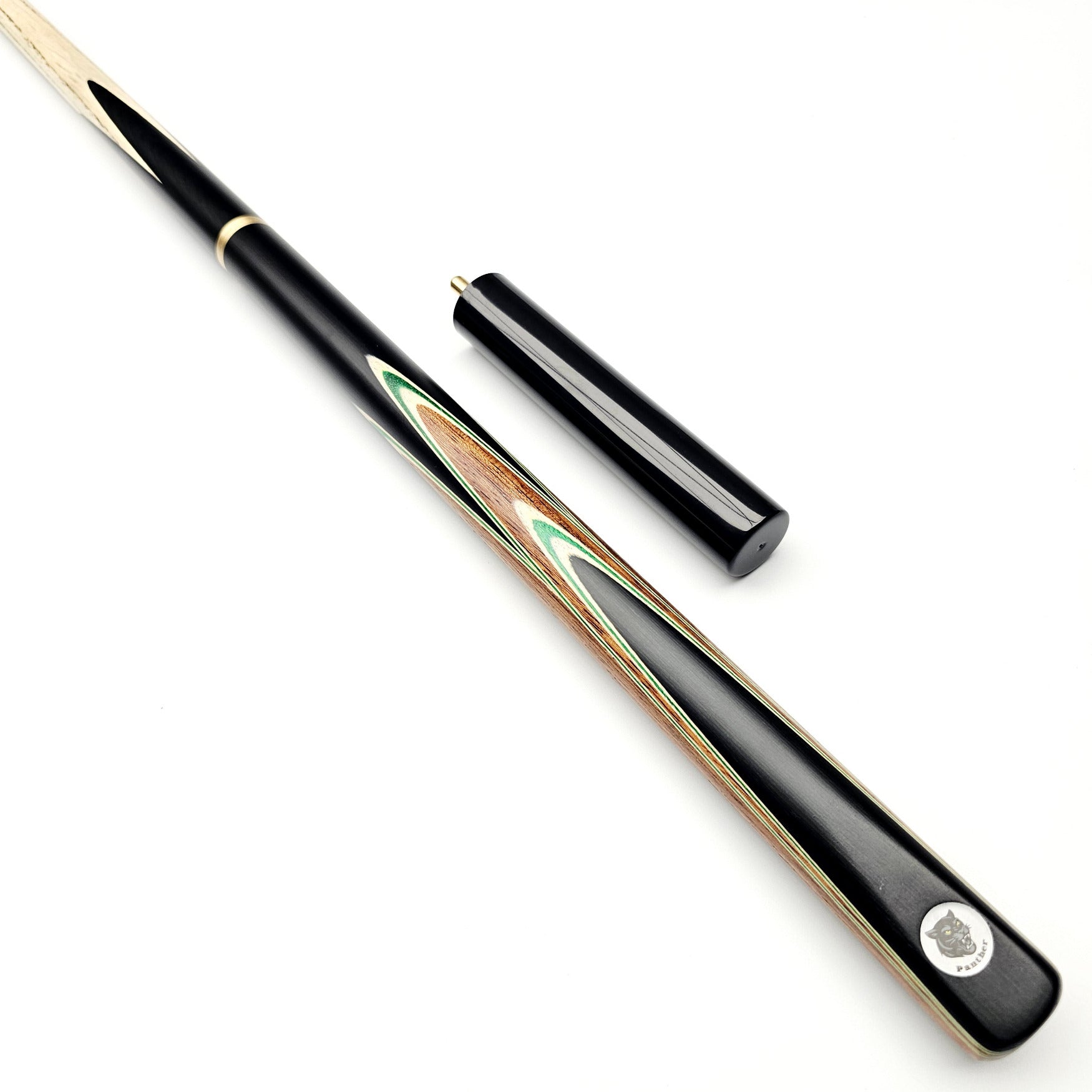 Panther Jade 3/4 Jointed Pool Cue + Mini Butt - On angle view