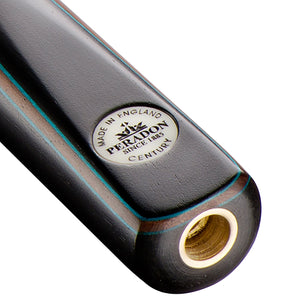 Close-up of Peradon Century 3/4 Jointed Snooker Cue butt showing 'Made in England' badge and high-quality ebony finish.