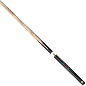 Peradon Century 3/4 Jointed Snooker Cue shown disassembled, highlighting the brass joint and full-length ash shaft.
