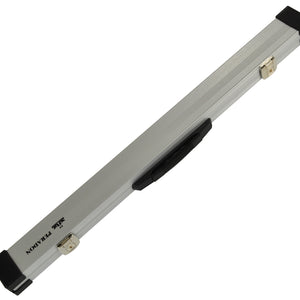Peradon Silver Aluminium Two Piece Cue Case. Full lengh view