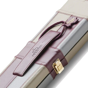 Peradon Burgundy & Grey Leather 3/4 Cue Case. Close up view