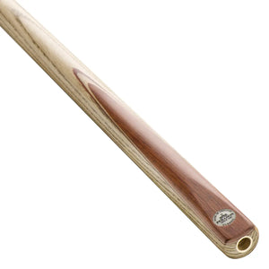 Peradon Classic Two Piece Snooker Cue made in England, showcasing North American Ash and Bubinga wood grain for premium indoor billiards play.