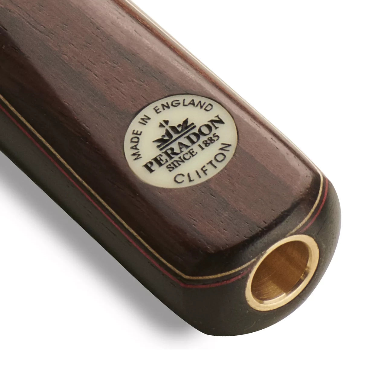 Peradon Clifton 3/4 Jointed Snooker Cue. Badge view