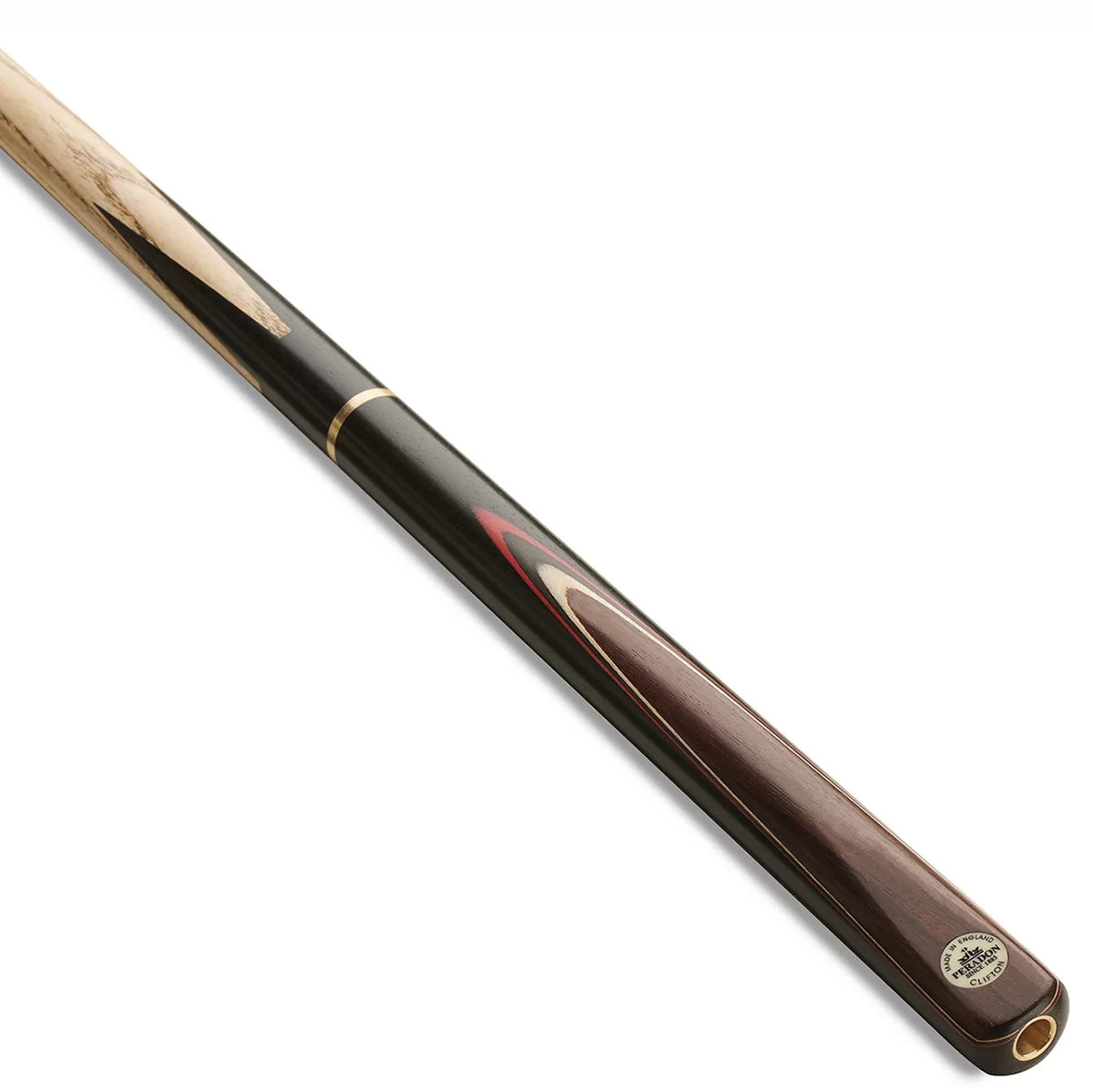 Peradon Clifton 3/4 Jointed Snooker Cue. On angle view