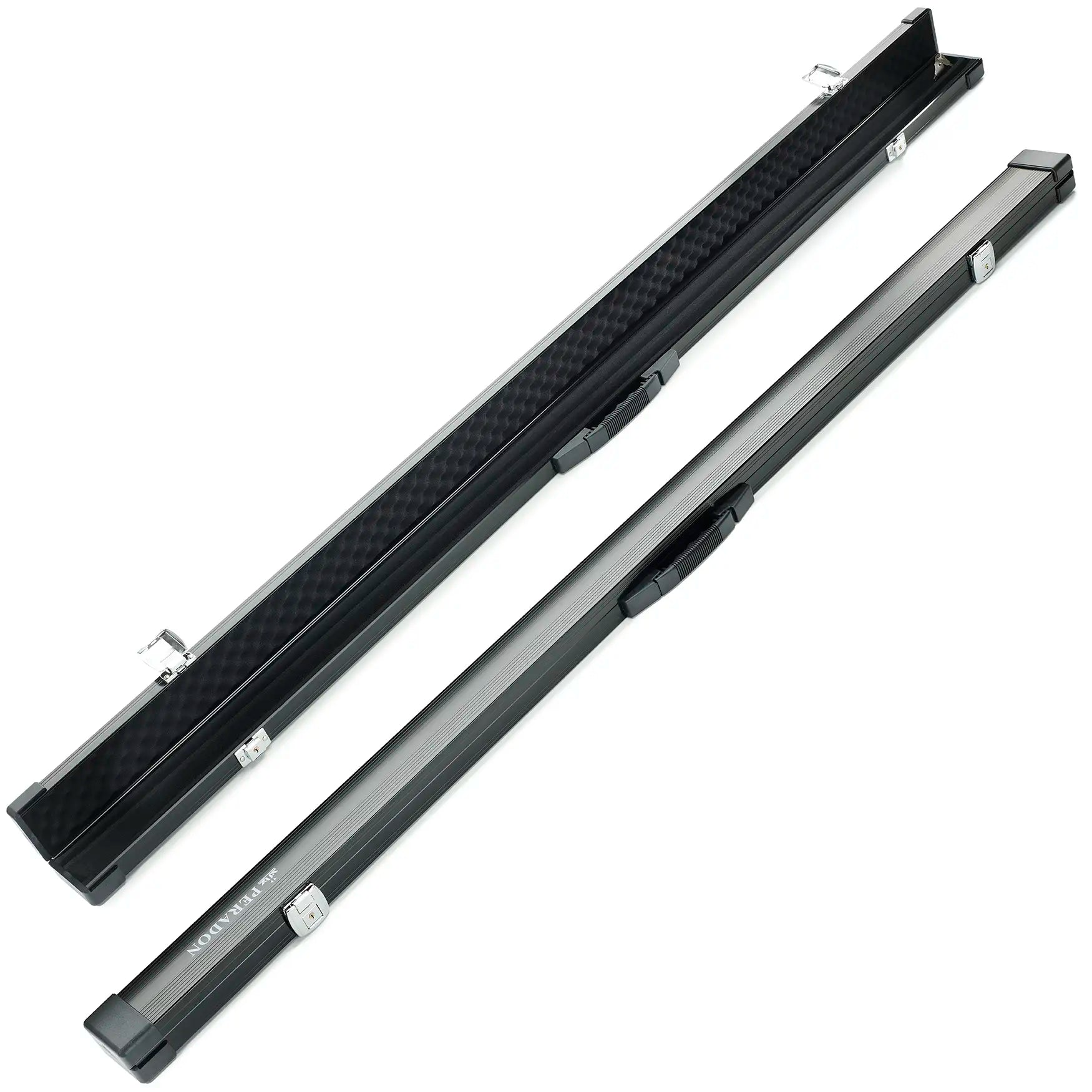 Peradon Black Aluminium One Piece Cue Case open and closed view
