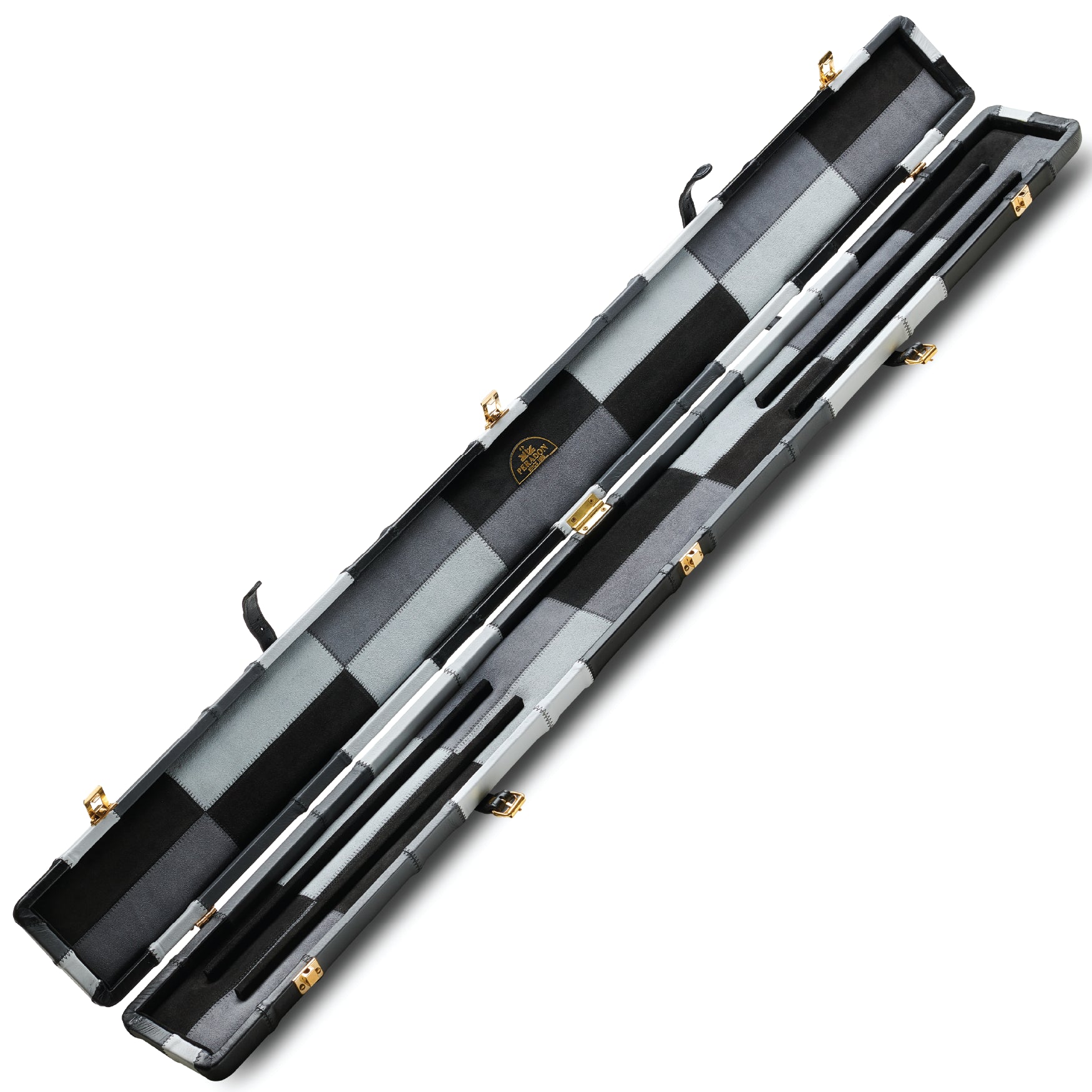 Peradon Black & Grey Block Genuine Leather 3/4 Cue Case Full View Open