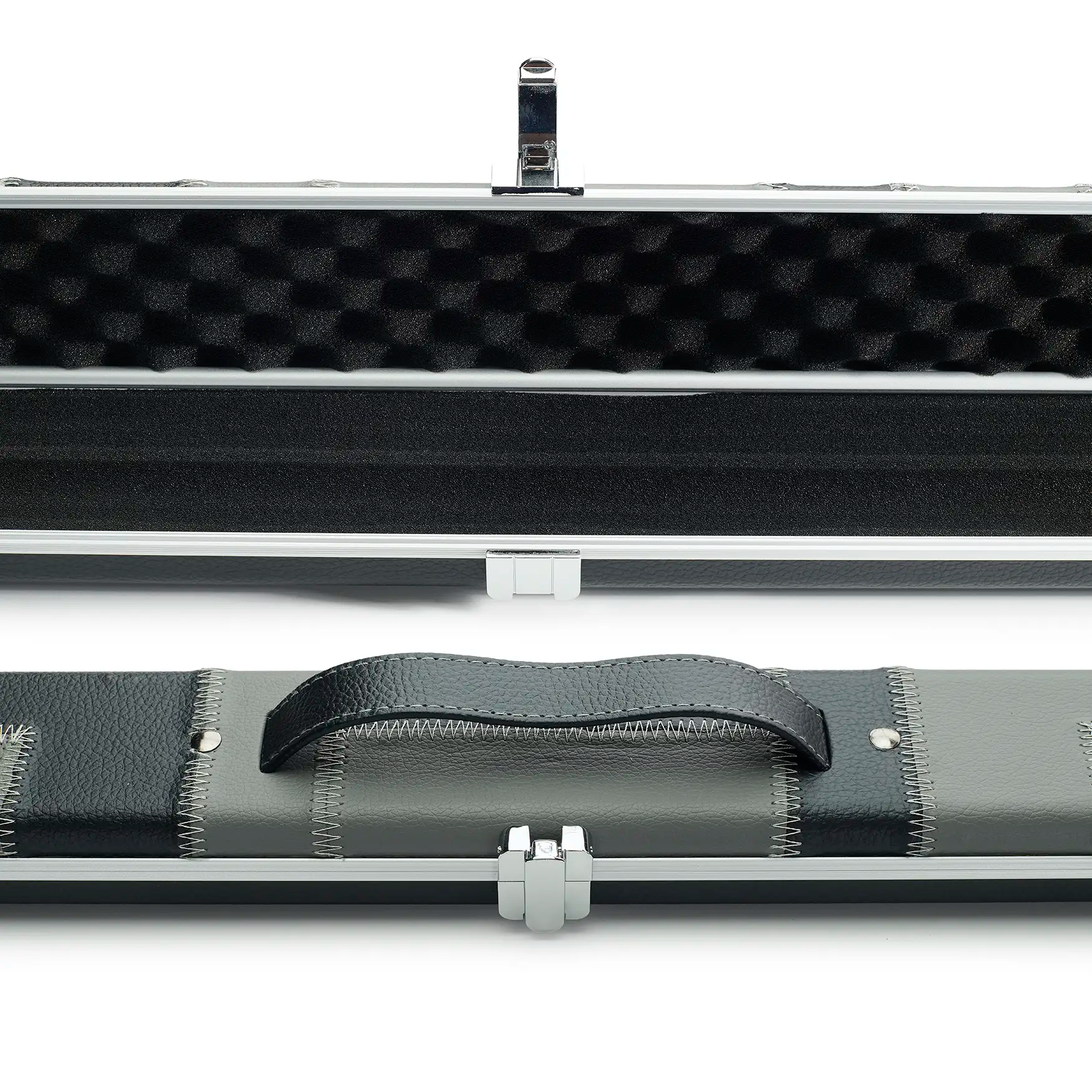 Peradon Black & Grey Patch Halo Wide One Piece Cue Case open and closed view